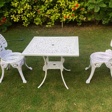 Regalia Outdoor Patio & Garden Furniture - 1 Square Table & 2 Chairs - White Color / Glossy Finish