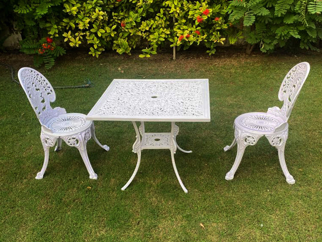 Regalia Outdoor Patio & Garden Furniture - 1 Square Table & 2 Chairs - White Color / Glossy Finish