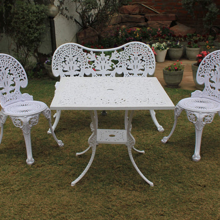 Regalia Outdoor Patio & Garden Furniture - 1 Bench, 2 chairs & 1 Square Table - White Color / Glossy Finish