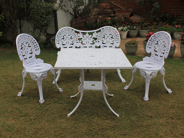Regalia Outdoor Patio & Garden Furniture - 1 Bench, 2 chairs & 1 Square Table - White Color / Glossy Finish
