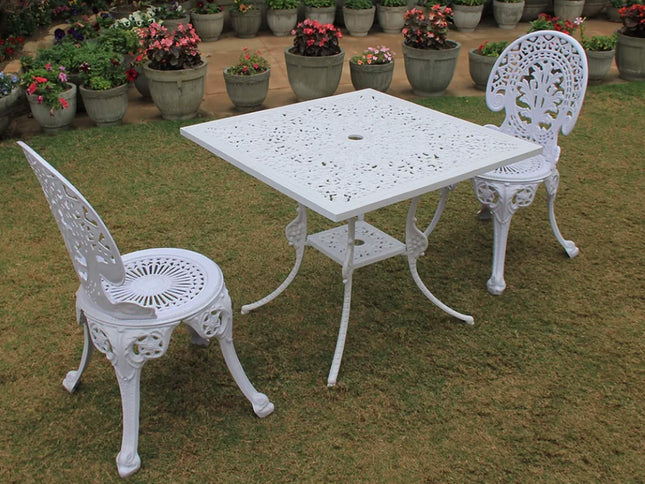 Regalia Outdoor Patio & Garden Furniture - 1 Square Table & 2 Chairs - White Color / Glossy Finish
