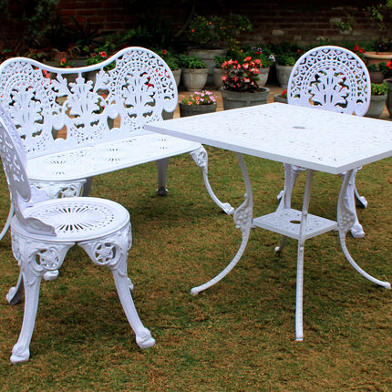 Regalia Outdoor Patio & Garden Furniture - 1 Bench, 2 chairs & 1 Square Table - White Color / Glossy Finish