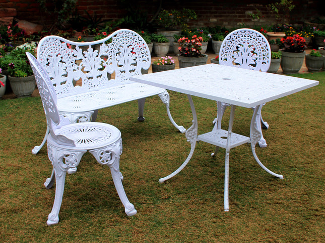 Regalia Outdoor Patio & Garden Furniture - 1 Bench, 2 chairs & 1 Square Table - White Color / Glossy Finish