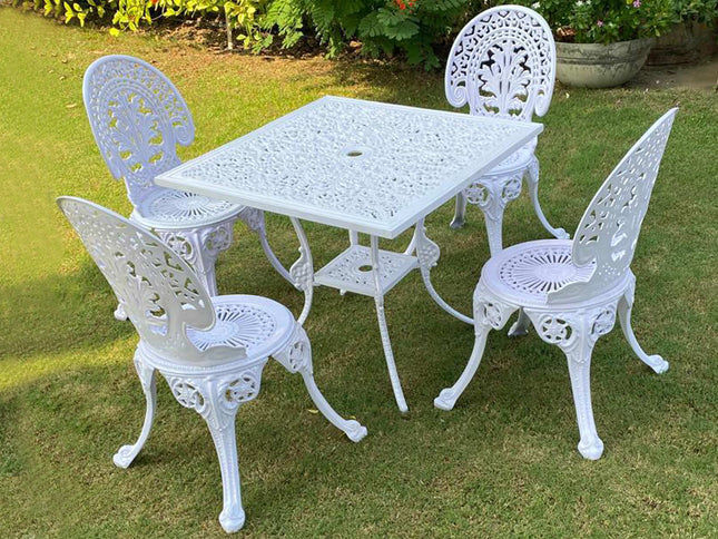 Regalia Outdoor Patio & Garden Furniture - 1 Square Table & 4 Chairs - White Color / Glossy Finish