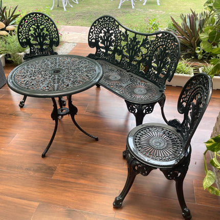 Regalia Outdoor Patio & Garden Furniture - 1 Bench, 2 Chairs & 1 Round Table - Grey Color/Glossy finish
