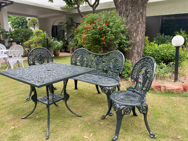 Regalia Outdoor Patio & Garden Furniture - 1 Bench, 2 chairs & 1 Square Table - Grey Color / Glossy Finish