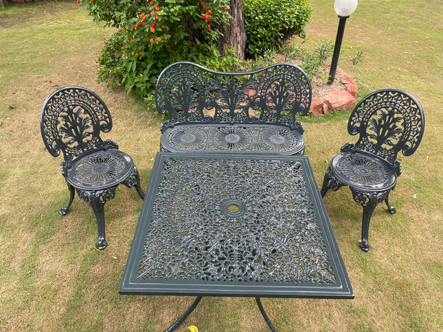 Regalia Outdoor Patio & Garden Furniture - 1 Bench, 2 chairs & 1 Square Table - Grey Color / Glossy Finish